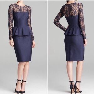DAVID MEISTER Navy Blue Lace Peplum Textured Long Sleeved Dress Size 6